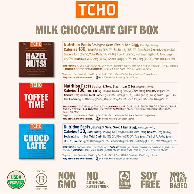 TCHO Organic Milk Chocolate Gift Box – 100% Plant-Based% Vegan - Gourmet Selection of Choco Latte, Hazel Nuts, and Toffee Time - Gluten-Free, Soy-Free, Pure Cacao Bars - 6 Bars