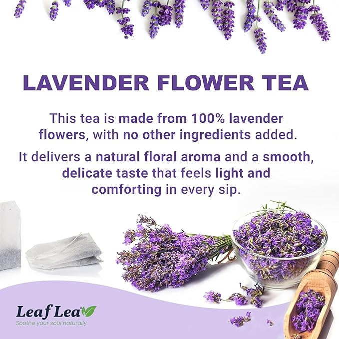 LeafLea 80 Premium Lavender Tea Bags, 100% Natural & Pure from Lavender Flowers, Nighttime Comfort & Digestive Support, Floral Aroma and Smooth Taste, Caffeine-Free, Sugar-Free, Individually Wrapped