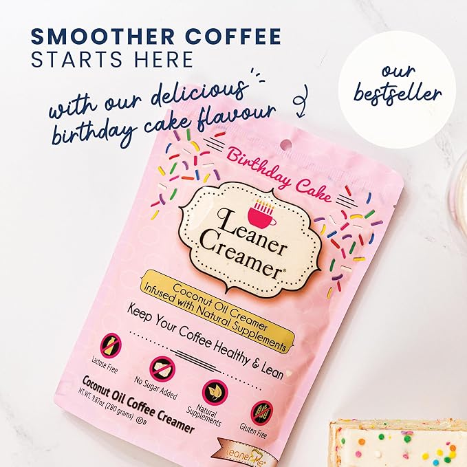 Leaner Creamer Coconut Creamer with Superfood Ingredients – Non-Dairy, Sugar-Free, Keto, Gluten-Free Powdered Coffee Creamer – Birthday Cake – 280g
