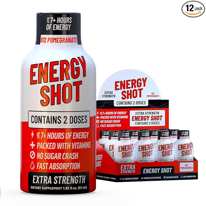 B12 Açaí Pomegranate Extra Strength Energy Shot 12 pk – 260mg Natural Caffeine B12 B6 – Energy & Vitality Support – 2 Servings Sugar Free Zero Calorie Green Tea B-Vitamins Electrolytes Vegan – 1.93 fl oz