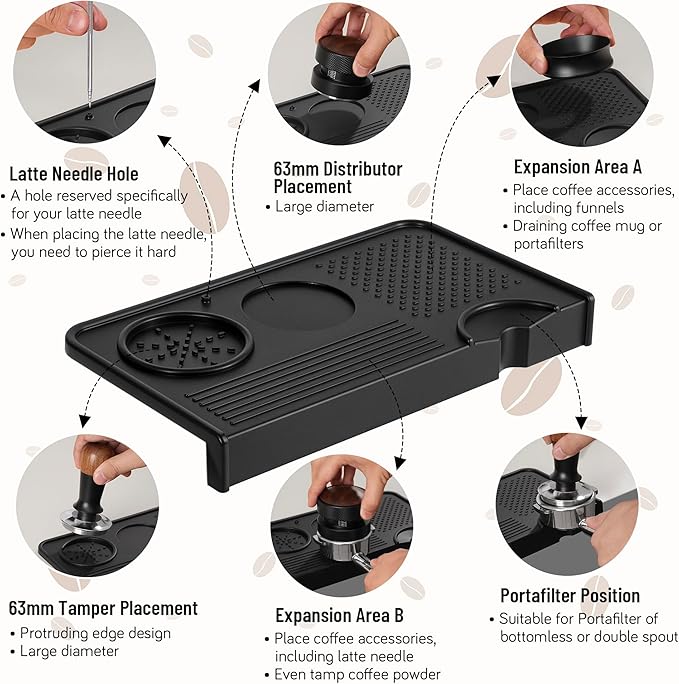 Espresso Tamping Mat, Coffee Tamper Mat, Food Grade Silicone 10.43″×5.63″ Portafilter Mat for Barista Espresso Machine Acceessories, Waterproof Heat Resistant Tamp Station for counter (Black)
