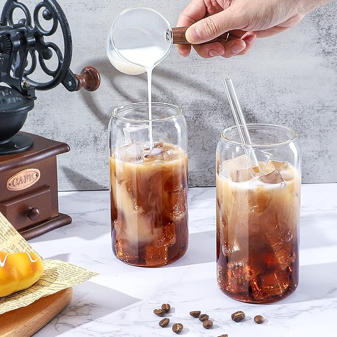 Glass Cups with Straw 6 Set, 16oz Beer Glasses, Glass Coffee Cups, Iced Coffee Glasses, Glass Tumbler for Whiskey, Soda, Tea (6 PACK)