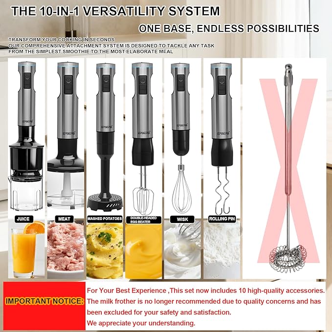 Handheld Immersion Blender, 1000W Powerful 10-in-1 Set for Smoothies,Orange Juicer, Egg Beater, Dough Hook, Vegetable Chopper, Potato Masher (11th Accessory Not Recommended)