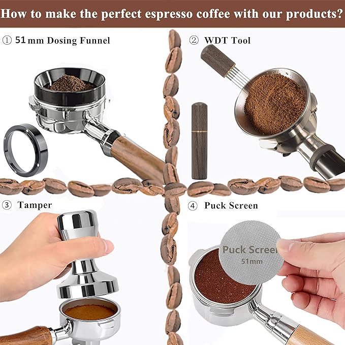 Espresso Accessories Kit 51mm Tamper: Espresso Tamper Kit with 51mm Coffee Tamper, Puck Screen, Dosing Funnel, WDT Tool, Tamper Mat | Espresso Kit Fits Espresso Coffee Machines of 51mm Portafilters