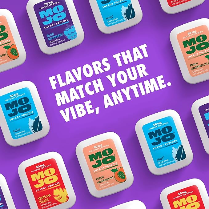 MOJO Energy Pouches Peach Watermelon Flavor, 50 mg per Caffeine Pouch, 15 Pouches, 5-Pack