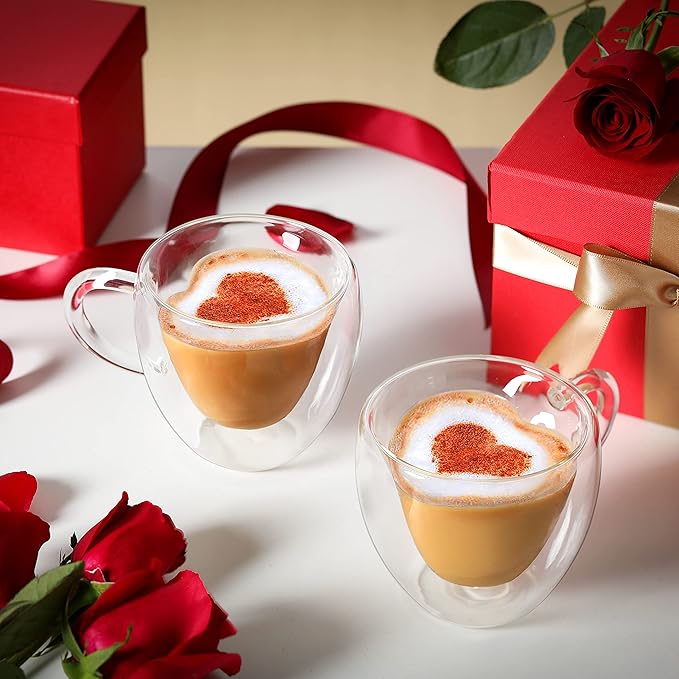 CNGLASS Mothers Day Gifts for Mom,Double Wall Heart Shaped Glass Coffee Mugs 5oz(Set of 2),Insulated Clear Tea Cups with Handle,Unique Glass Espresso Mugs for Coffee,Cappuccino,Latte,Milk