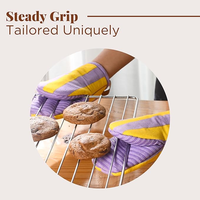 Folkulture Mini Oven Mitts Heat Resistant | (5.75x9) Set of 2 Purple Short Oven Mitts with Hanging Loop | 100% Cotton Oven Gloves or Kitchen Mittens | Small Oven Mitt Set or Yellow Silicone Oven Mit