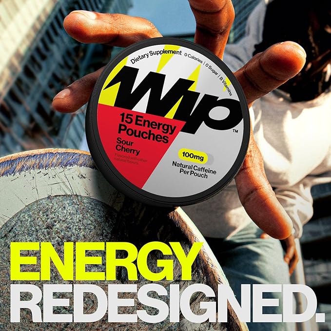 Wip Energy Pouches | 100mg Natural Caffeine | Vitamins and Minerals | Sour Cherry | 15 Pouches Per Can | 1 Can