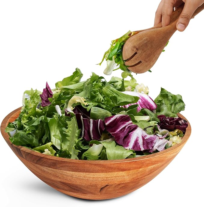 Luxe Designs Wooden Salad Bowl Set - Food Safe & Sustainable Decorative Bowl - Wood Bowl for Fruits, & Salads - Easy to Clean Large Salad Bowls Set w/Spoon, Fork – Wooden Bowls for Food (Natural)