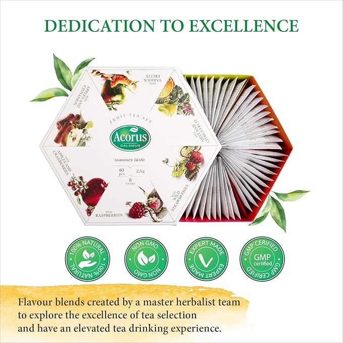 ACORUS Summer Taste Tea Set - Natural Assorted Tea Hamper Box Gift Set, Large Selection Box 60 Teas Bags, 6 Fruit and Berry Flavour Sampler, Perfect for Refreshing Iced Drinks