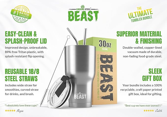 Beast 30 oz Tumbler Stainless Steel Vacuum Insulated Coffee Ice Cup Double Wall Travel Flask (Stainless Steel)