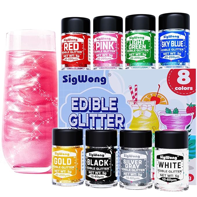 Edible Glitter - 8 Colors Luster Dust Edible Set for Drinks, Food Grade Edible Glitter Dust for Cake Decorating, Cocktail, Fondant, Strawberries, Candy, Cookie, Chocolate. Vegan and Gluten Free - 5g/bottle