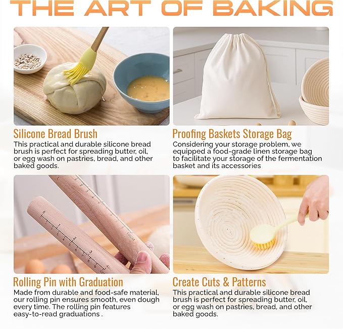 Banneton Bread Proofing Basket Set, 9" Round & 10" Oval Bread Baskets with Liners, Sourdough Starter Kit, Bread Making Tools, Natural Rattan Proofing Bowls for Home Bakers