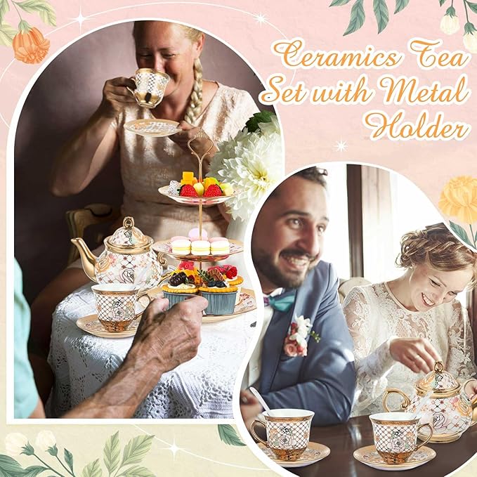 Maxcheck 21 Pcs Tea Party Set for Adults European Floral Tea Set with Metal Holder and 3 Tier Ceramic Cake Stand Porcelain Flower Cup Teapot for Dessert Cupcake(Stylish Style)