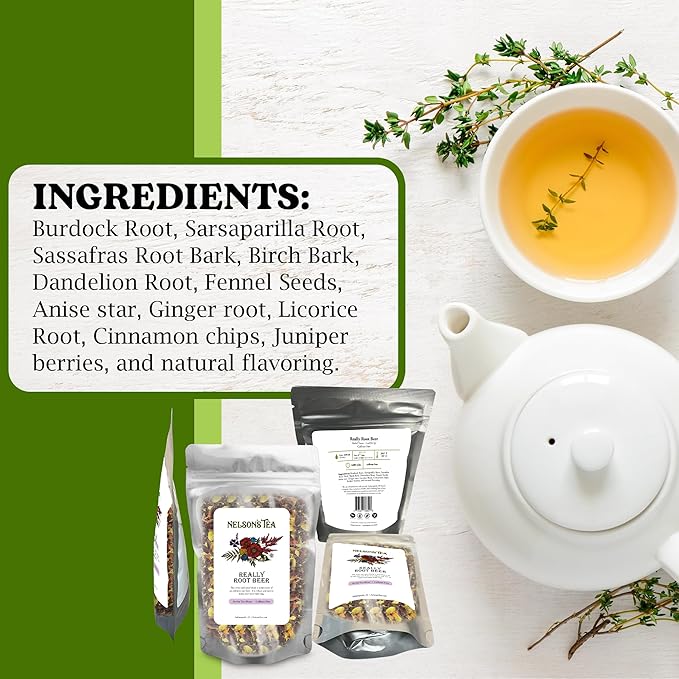 Nelson's Tea Really Root Beer - Sarsaparilla Root Herbal Loose Leaf Tea; Blend of Flavors like Sarsaparilla, Sassafras Burdock, and More! - 4 oz