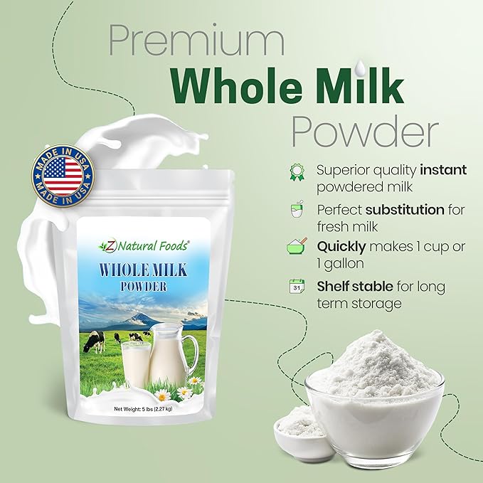 Z Natural Foods Premium Whole Milk Powder - Powdered Milk for Baking, Cooking, Drinks - Dry Milk Powder, Pasteurized, Non-GMO, Gluten-Free, Kosher-Certified, 5 lbs