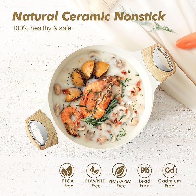 SENSARTE Ceramic Nonstick Stock Pot with Lid, 2.6/4.5/6.6 QT Soup Pot Casserole Pot, Non-toxic Healthy Pasta Pot, Large Cooking Pot Stew Pot, Induction Compatible, PFOA PFAS PTFE Free, White