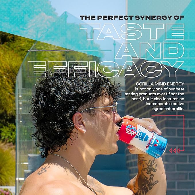Gorilla Mind Energy Drink | Unmatched Energy · Amplified Focus | N-Acetyl-L-Tyrosine, Alpha-GPC, 200mg Caffeine, Uridine, Saffron | 0 Sugar Or Artificial Colors | 16oz, 12-Pack (White Frost)