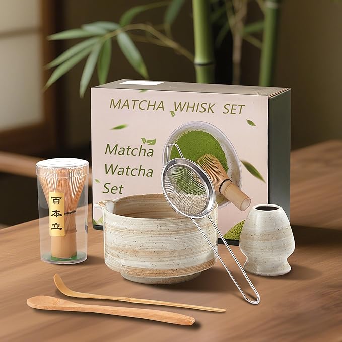 Matcha Whisk Set, Ceramic Matcha Set with Bowl, Matcha Whisk and Holder, Sifter, Bamboo Spoon, Scoop, 6Pcs Ceremony Matcha Kit for Tea Lovers Making Breakfast/Latte