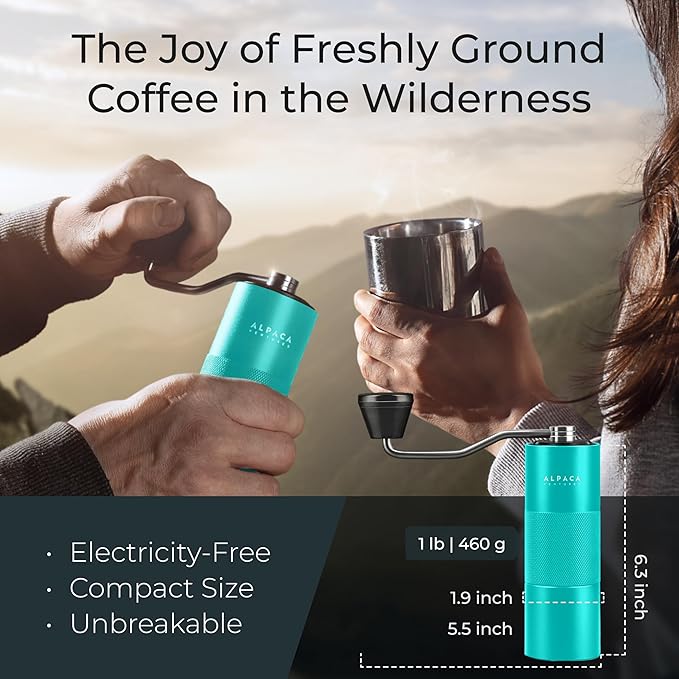 Manual Coffee Grinder by Alpaca Ventures - Stainless Steel Conical Burr Coffee Grinder Manual with Adjustable Setting Double Bearing Hand Espresso Grinder Perfect for Home, Office and Camping
