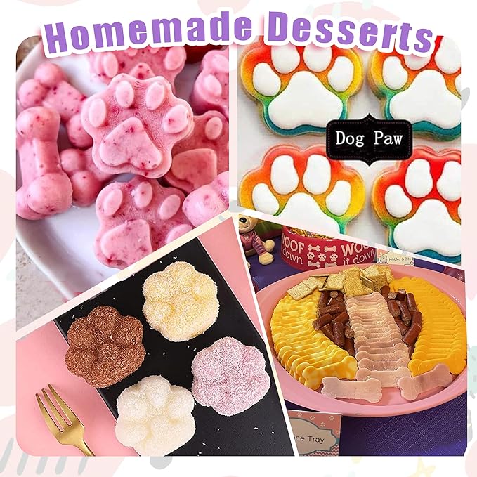 RUGVOMEM Set of 8 Silicone Dog Treat Molds, 3 Pieces 2 in 1 Dog Paw and Bone Shaped Molds & 5 Pieces Bone Cookie Cutter