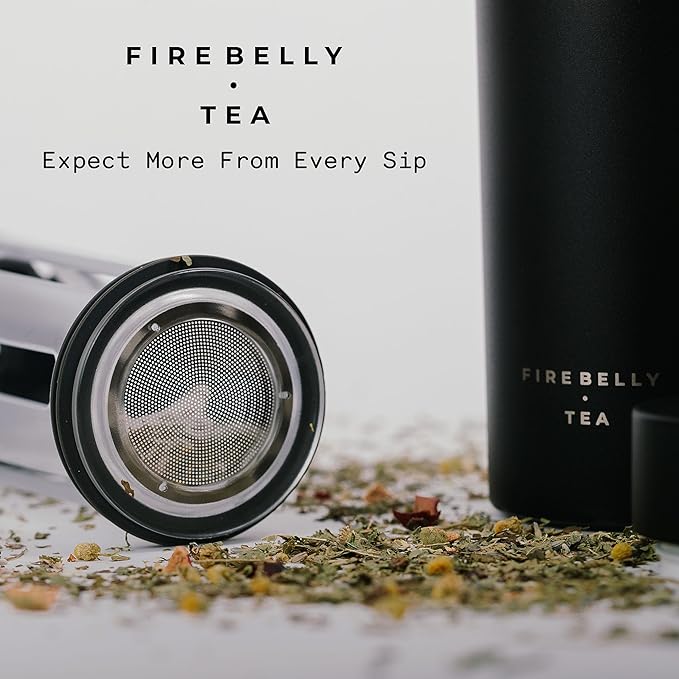 Firebelly Tea, Travel Tea Infuser Mug with Strainer, Insulated Tumbler for Loose Leaf Tea or Coffee, Leakproof Bottle for Hot or Iced Drinks, Stainless Steel Thermos with Lid, Noir