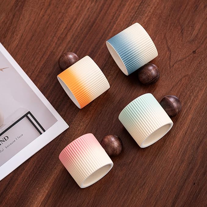 Ceramic Mini Espresso Cups Demitasse Cups with Round Wooden Handle Vertical Stripes Tea Cups (Beige&Blue, 4pcs)