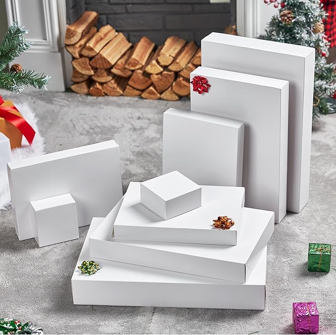 JOYIN 12PCS 17" Christmas Shirt Gift Boxes with Lid for Presents, Extra Large 4" Deep White Paper Box, 4 Assorted Different Size Robe Box for Clothes, Xmas Birthday Holiday Wedding Gift Wrapping Decor