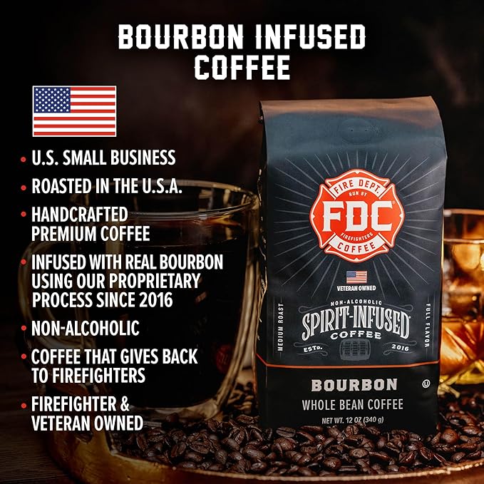 Fire Department Coffee - Bourbon Coffee - Gives Back to Firefighters - Premium Bourbon Infused Whole Beans - Medium Roast - Non-Alcoholic - Roasted in the USA - Veteran Owned - 12 oz