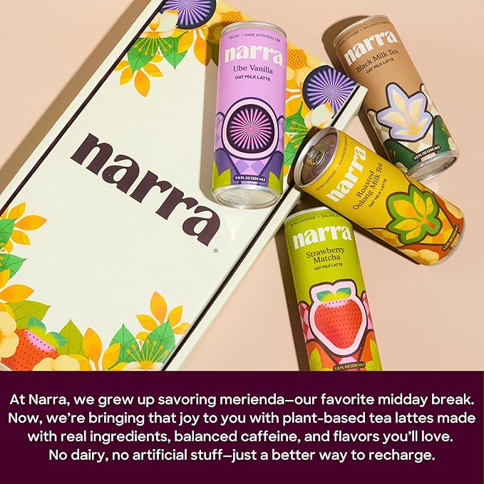 Narra, Oat Milk Tea Latte - Roasted Oolong Tea, Hojicha, Natural Caffeine & L-Theanine, Organic Oat Milk, MCT Oil, Dairy Free, No Refined Sugar, Non-GMO, 7.5 Fl Oz (12 Pack)