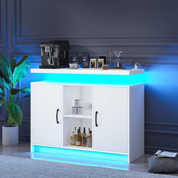 4 EVER WINNER Coffee Bar Cabinet with Led Lights, Buffet Cabinet with Floating Countertop, Modern Sideboard Buffet Cabinet with Charging Station for Living Room, Kitchen, White