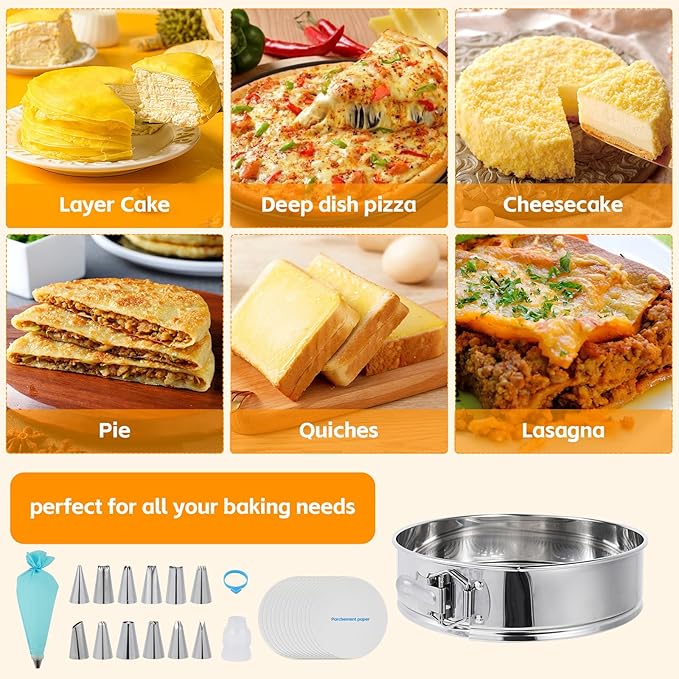Aufind 10 Inch Springform Pan for Baking, 304 Stainless Steel Cheesecake Pan with Removable Bottom, Includes 12 Piping Tips and 50 Parchment Papers for Pie Cake Pizza and Quiches(10" Cake pan)