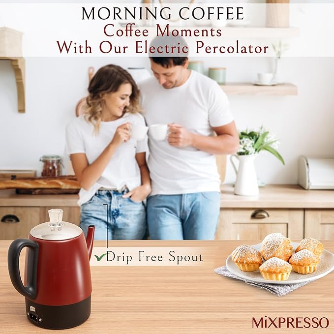 Mixpresso Red Small Percolator Coffee Pot Electric 4 Cup, Stainless Steel Coffee Maker, Coffee Percolator Electric With Keep Warm Function, 4 Cups Stainless Steel Perculator With Basket