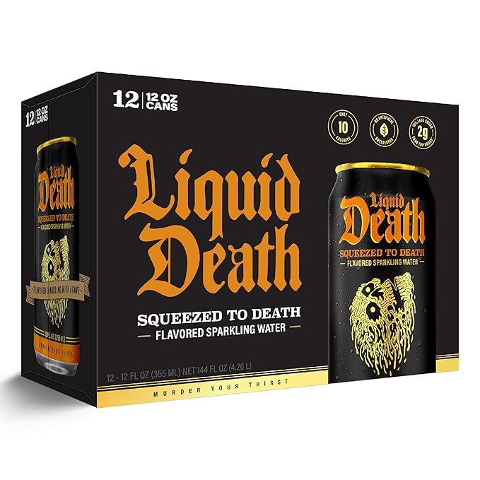 Liquid Death, Squeezed to Death, Orange-Flavored Sparkling Water, 12-Pack (12oz Cans), Low Sugar, Huge Flavor & No Artificial Sweeteners