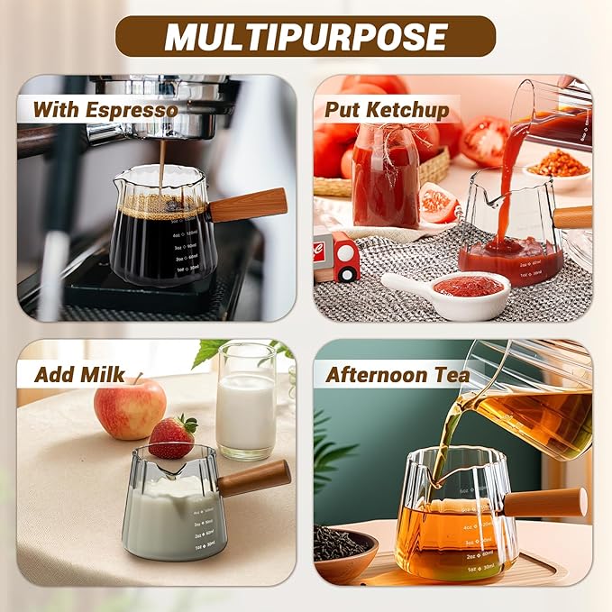 Espresso Measuring Cup 6 Oz, Espresso Glass Cups with Wood Handle, Milk Frothing Cup, Espresso Cup for Coffee, Milk, Tea or Maple Syrup Serving