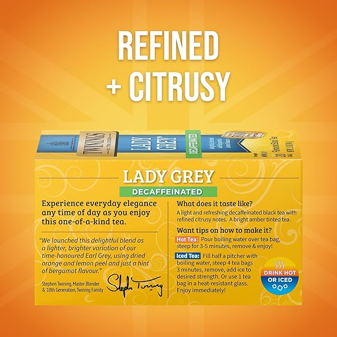 Twinings Decaffeinated Lady Grey Black Tea Individually Wrapped Bags, 20 Count (Pack of 6), Orange Peel & Lemon Peel, Enjoy Hot or Iced, 120 Teabags