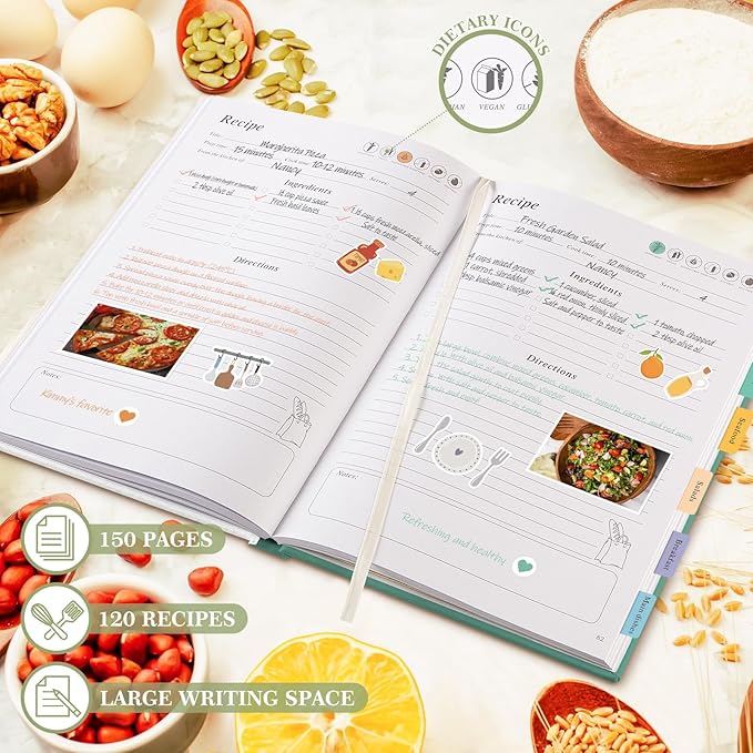 Lanpn Blank Recipe Book Cookbook for 70 Recipes, B5 Waterproof Empty Recipe Notebook to Organize Your Family Recipes, Leather Cooking Journal with Stickers to Write in Your Own Recipes, Green