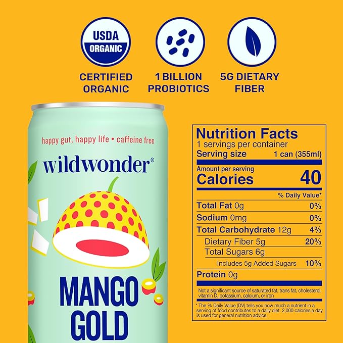 wildwonder Sparkling Probiotic Drink 12pk, For Gut Health & Immune Support, Mango Gold, 5g Prebiotic Fiber, Live Probiotics, Organic, Vegan, Low Sugar, 12 Pack, 12oz Can, As Seen on Shark Tank