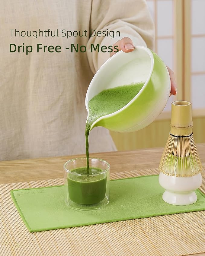 ZENS Matcha Whisk Set, 15oz Matcha Bowl with Spout, 6pcs Matcha Tea Set with Bamboo Whisk & Scoop, Holder (Chasen), Matcha Sifter, Tea Towel for Matcha Ceremony, Green