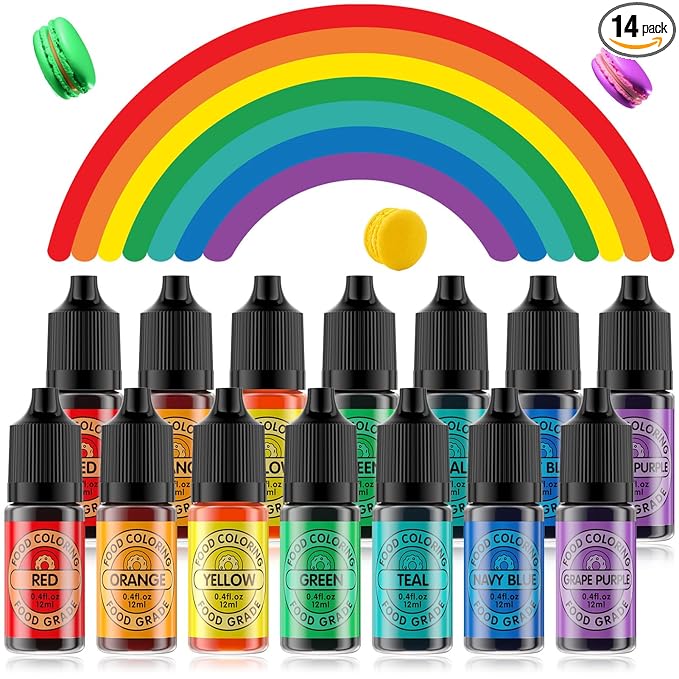 Food Coloring Set for Cake Decorating Rainbow Edible Food Dye for Baking Royal Icing Cookie Supplies Gluten Free 14x12ml Food Grade Liquid Food Color Kit, 0.4 Fl. Oz/Bottles