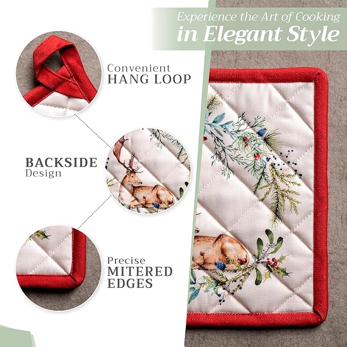 Maison d' Hermine 100% Cotton Oven Mitt & Pot Holder Set (7.5"x13" & 8"x8") Heat Resistant BBQ Cooking Gloves with Loop, Baking, Grilling, Kitchen, Handling Hot Pans (Holly Time)