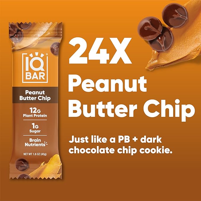 IQBAR Brain and Body Plant Protein Bars - Peanut Butter Chip - 24-Count - Keto, Vegan, Low Carb, High Fiber, Gluten Free, Dairy Free, Low Sugar Snack with Nutrients for Focus, Energy, Meal Replacement