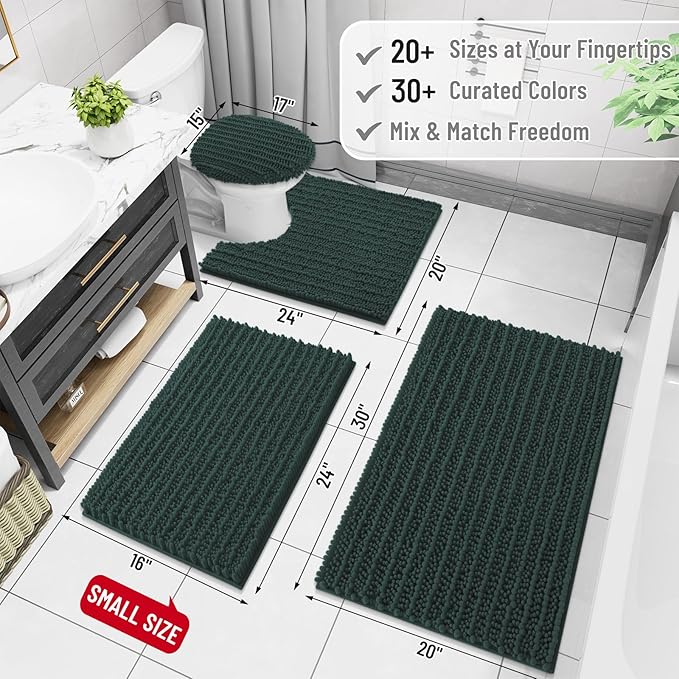 Arotive Luxury Chenille Bathroom Rug Mat, Extra Soft Thick Absorbent Shaggy Bath Rugs, Non-Slip Machine Wash Dry, Plush Bath Mats for Bathroom, Shower and Tub, 30x20, Dark Green