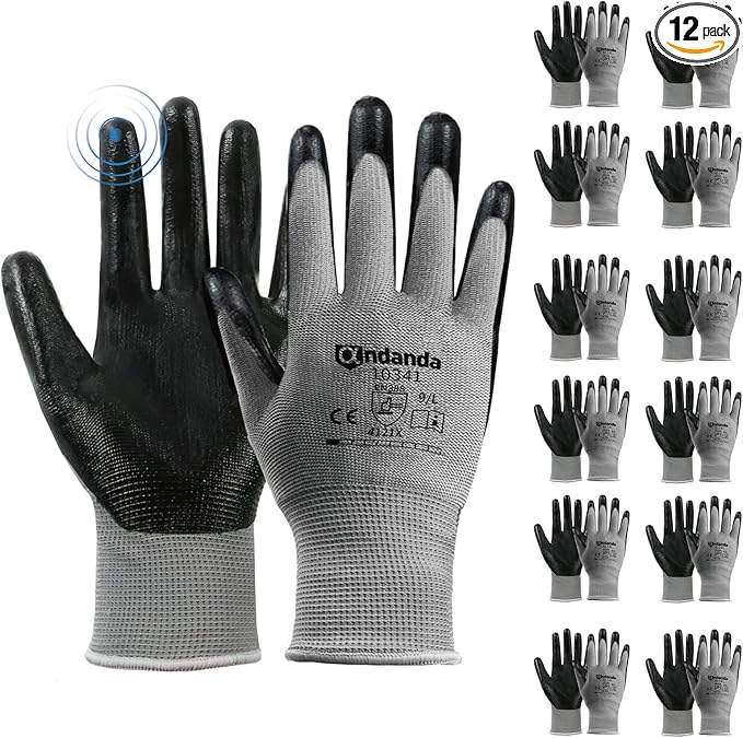 ANDANDA Smart Touch Work Gloves - 12 Pairs, 3D Comfort Stretch Fit, Nitrile Coated with Grip, Seamless Knit Nylon, Suitable for Warehousing, Logistics, Handling, Black (S)