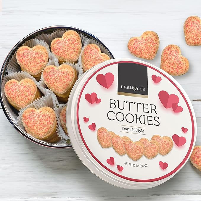 Mattigan's Pink Heart Butter Cookies Danish Style Cookie, 12 Oz Tin 2-Pack, Gourmet Gifts for Birthday, Special Occasions, Assorted Cookie Dessert Sweets, Two Reusable Metal Tin