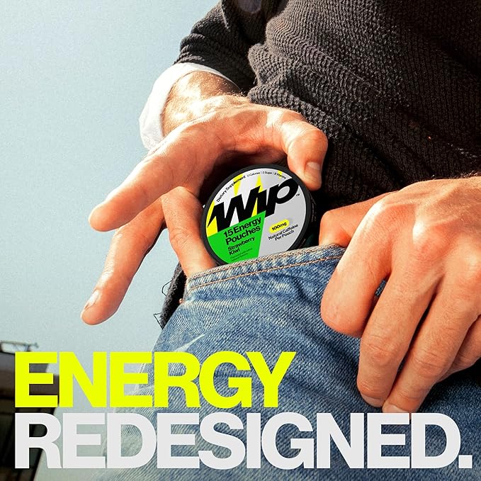 Wip Energy Pouches | 100mg Natural Caffeine | Vitamins and Minerals | Strawberry Kiwi | 15 Pouches Per Can | 3 Cans
