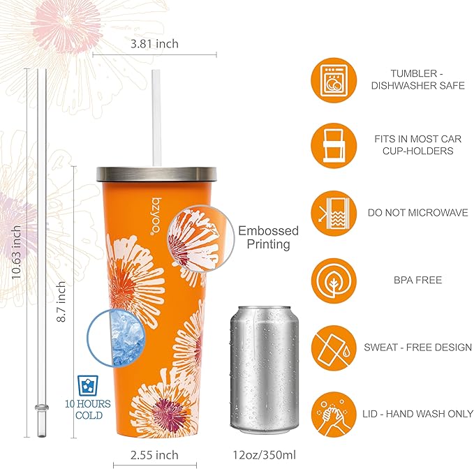 bzyoo SUP Double Wall Vacuum Insulated Tumbler with Straw and Lid Stainless Steel Water Bottle Travel Mug Cup, Mother's Day Gifts For Him & Her (710ml) Color: Orange Precious Bloom