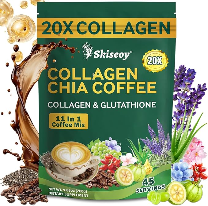 20x Collagen Chia Coffee - 11-in-1 Coffee Shape Mix with Collagen & Chia Seeds, L-Glutathione for Skin, Hair, Joints - Boost Energy and Improve Focus, Vegan Friendly, 45 Servings