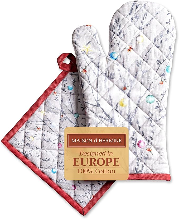 Maison d' Hermine 100% Cotton Oven Mitt & Pot Holder Set (7.5"x13" & 8"x8") Heat Resistant BBQ Cooking Gloves with Loop, Baking, Grilling, Kitchen, Handling Hot Pans (Fairy Christmas)