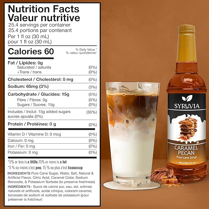 Syruvia Caramel Pecan Coffee Syrup - 25.4 fl oz. Kosher, and Gluten-Free. Ideal for Enhancing Drinks, Sodas, Shakes, Desserts, and More.